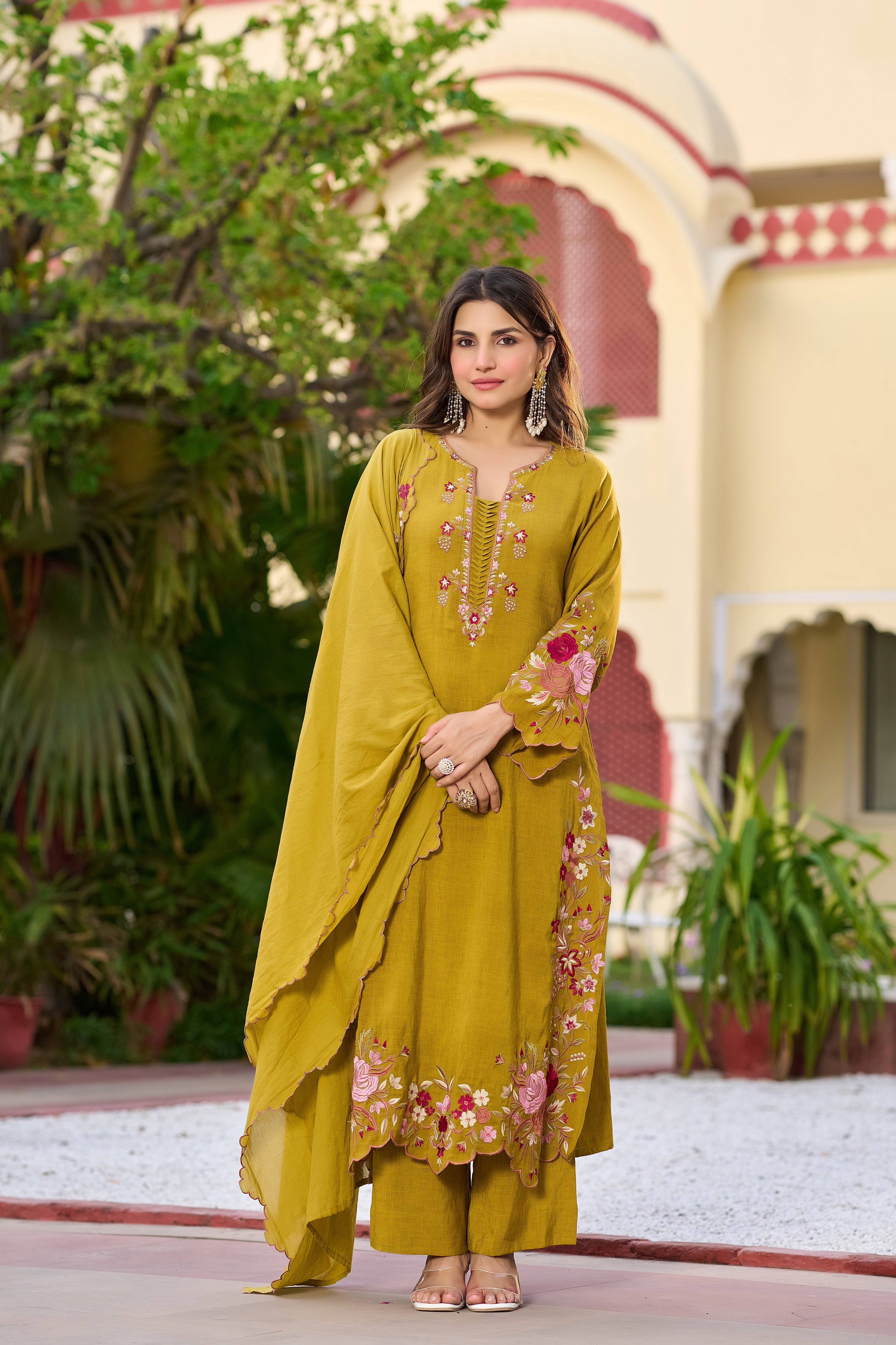 Mustard Bloom Embroidered Suit Set