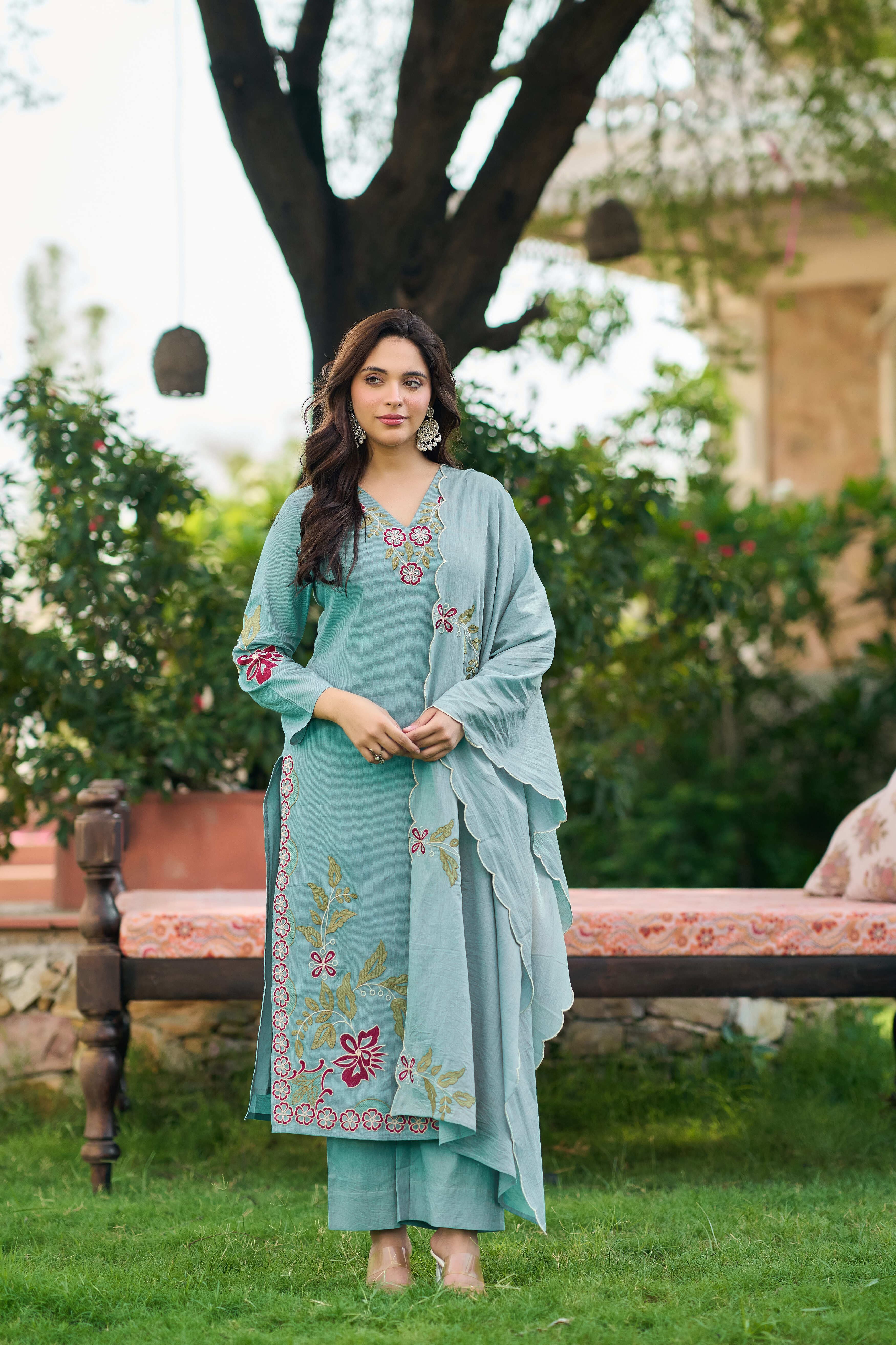 Aqua Blossom Embroidered Suit Set
