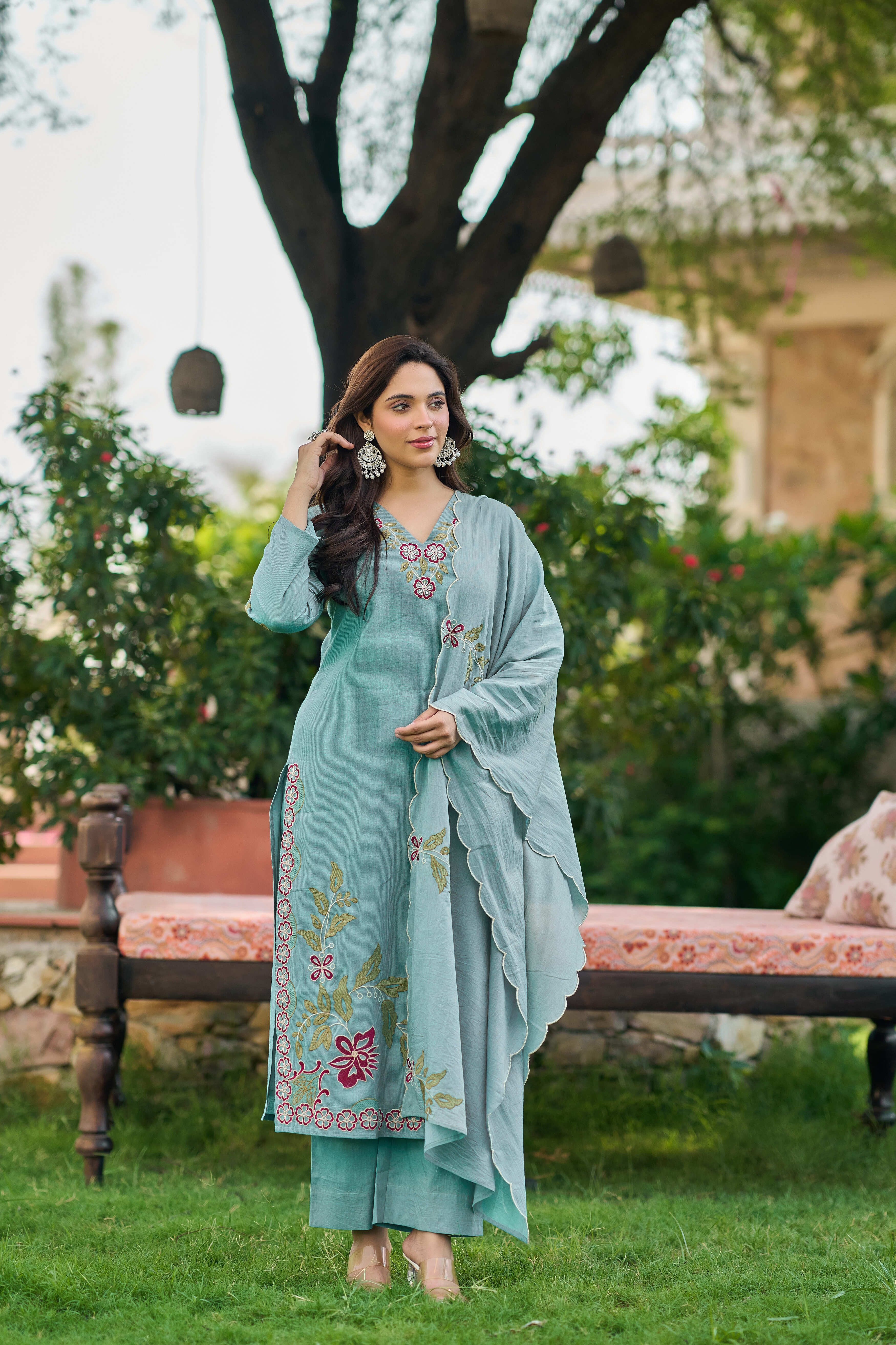 Aqua Blossom Embroidered Suit Set