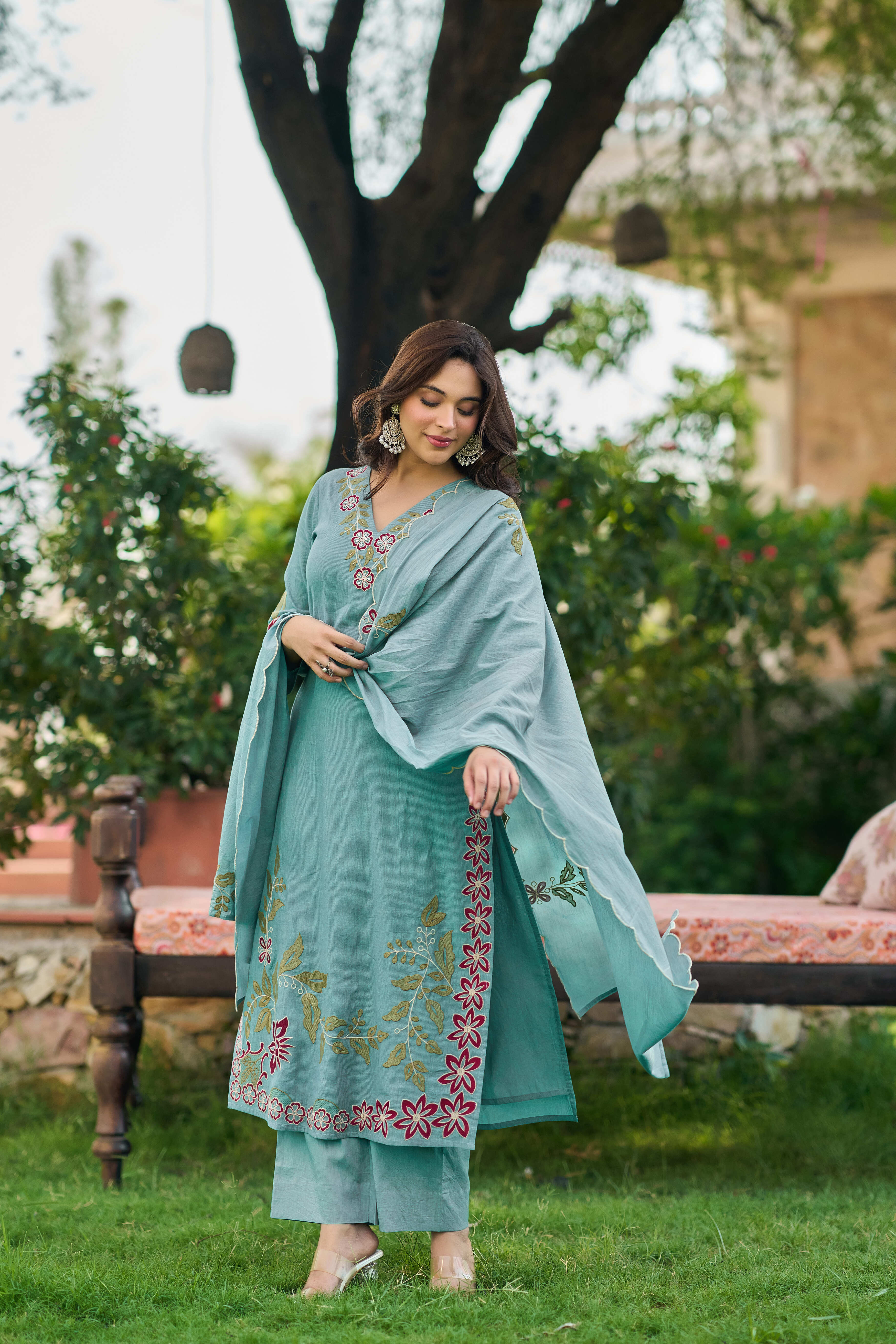 Aqua Blossom Embroidered Suit Set