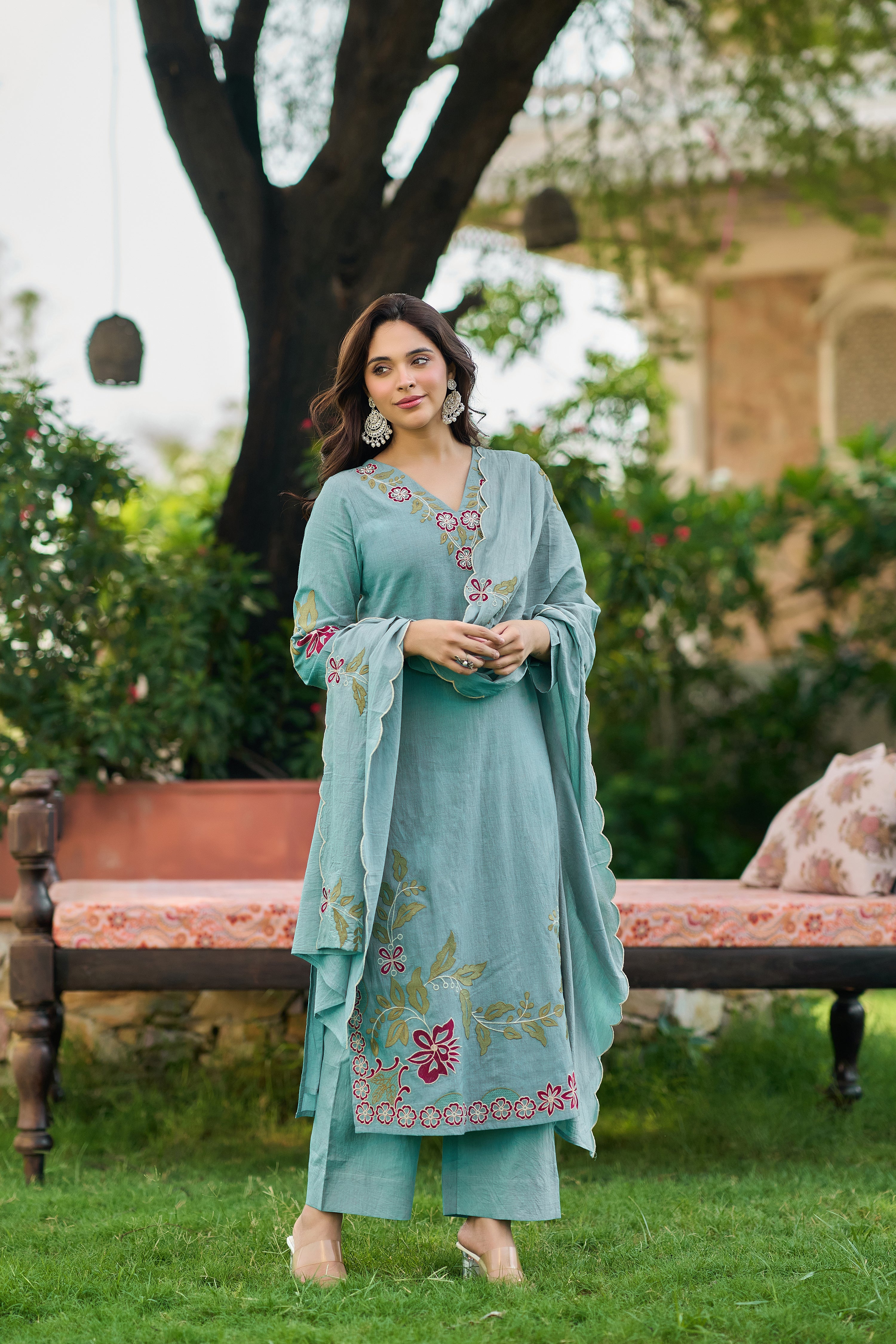 Aqua Blossom Embroidered Suit Set