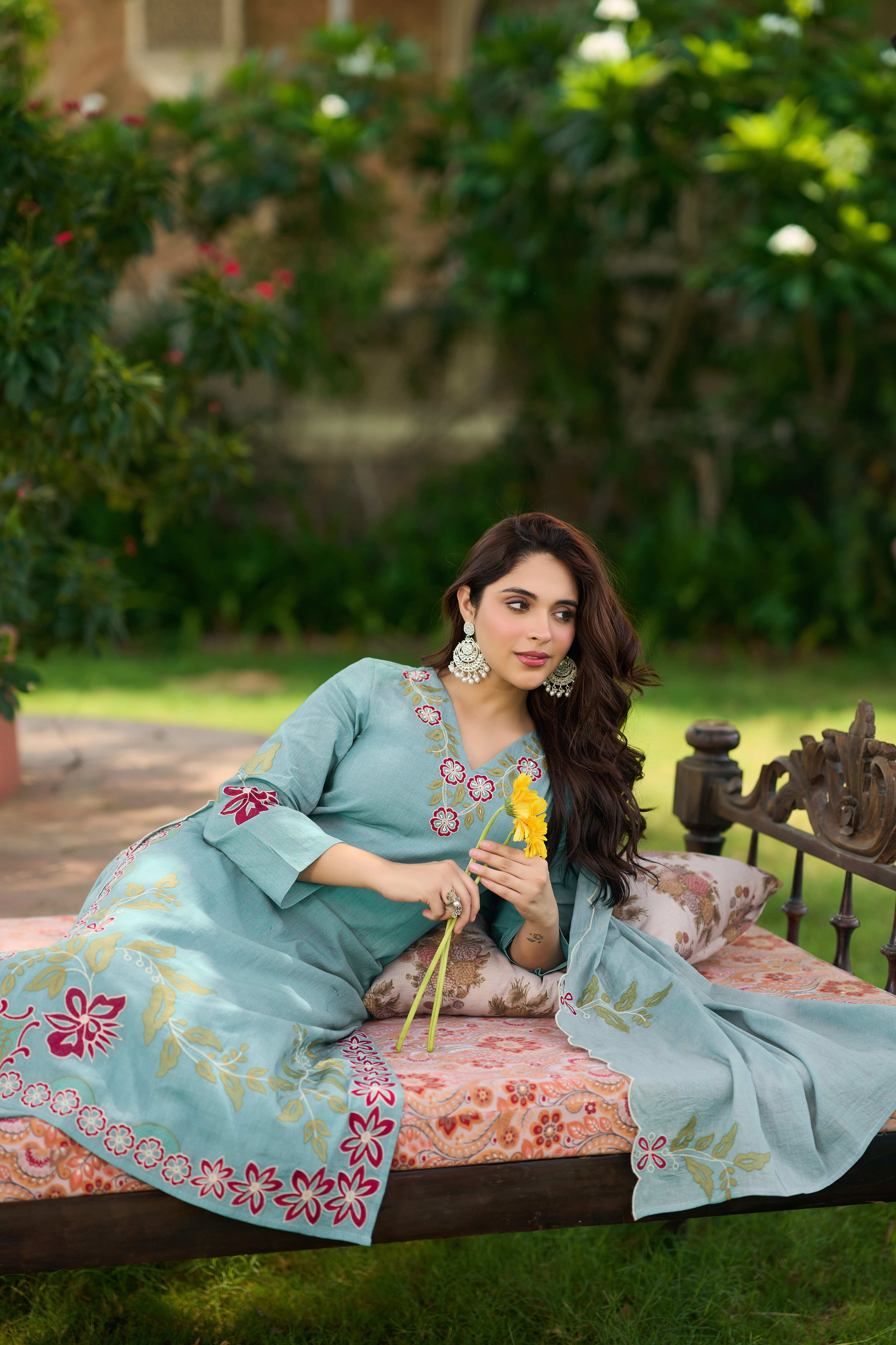 Aqua Blossom Embroidered Suit Set