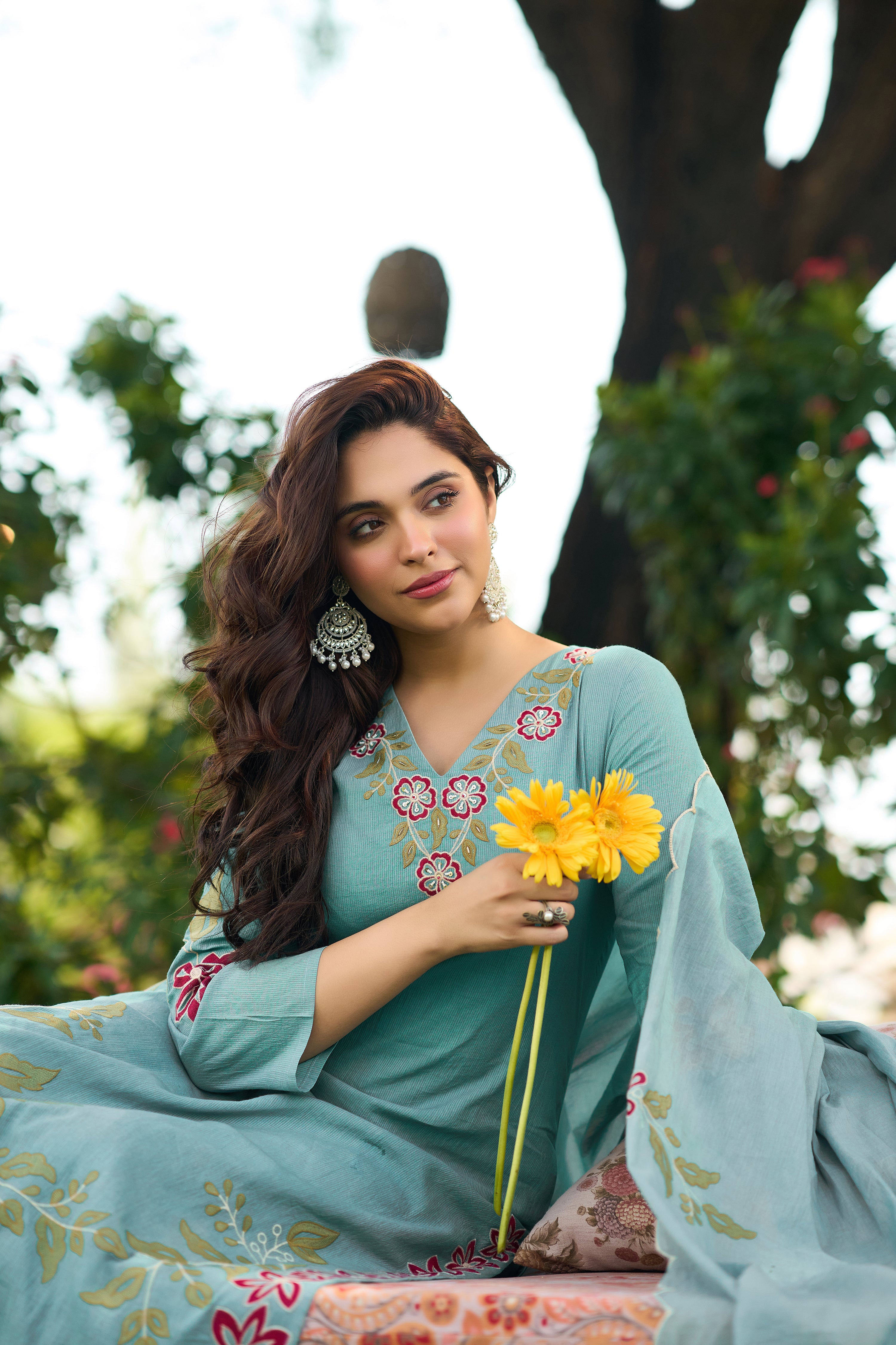 Aqua Blossom Embroidered Suit Set