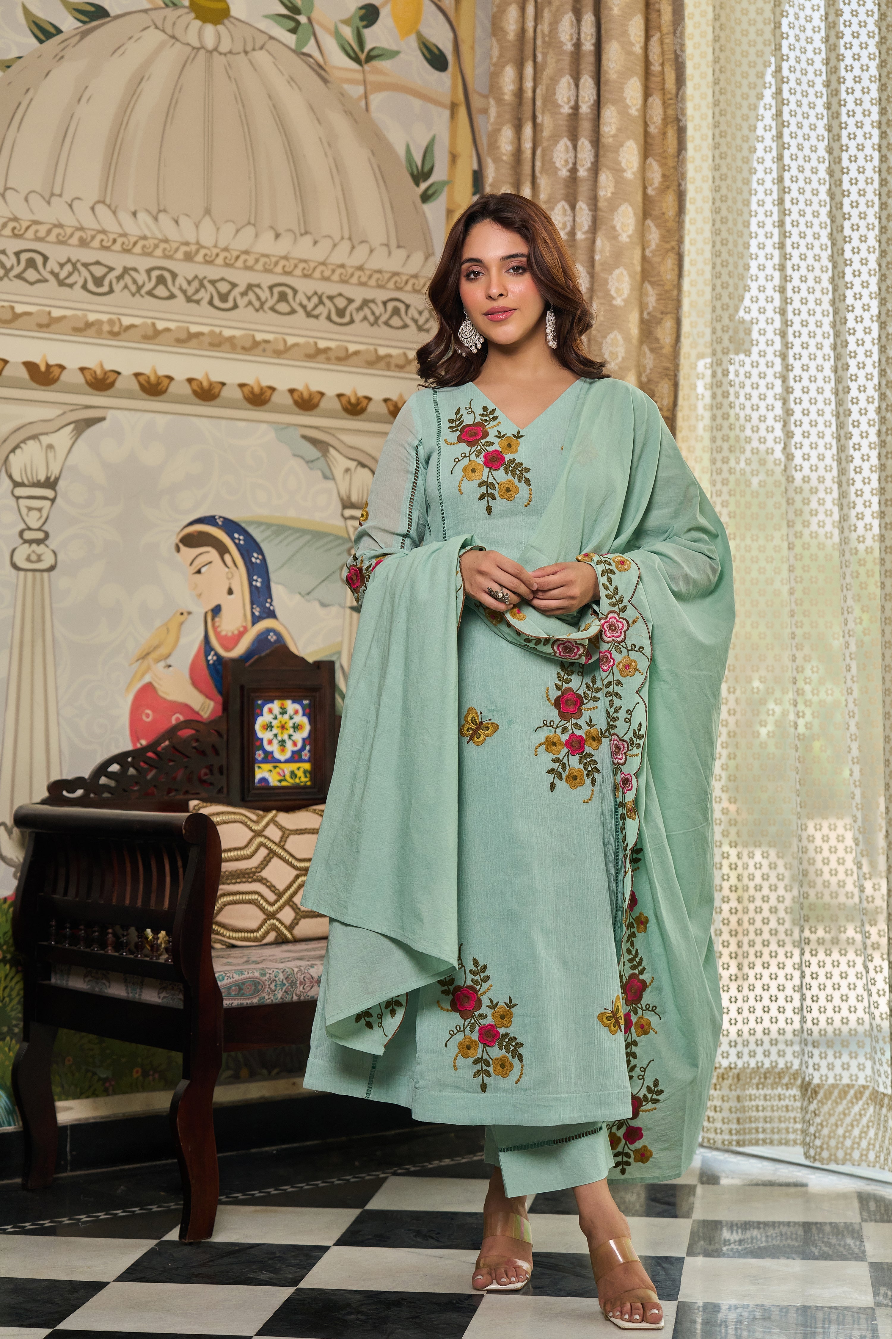 Mint Flora Embroidered Suit Set