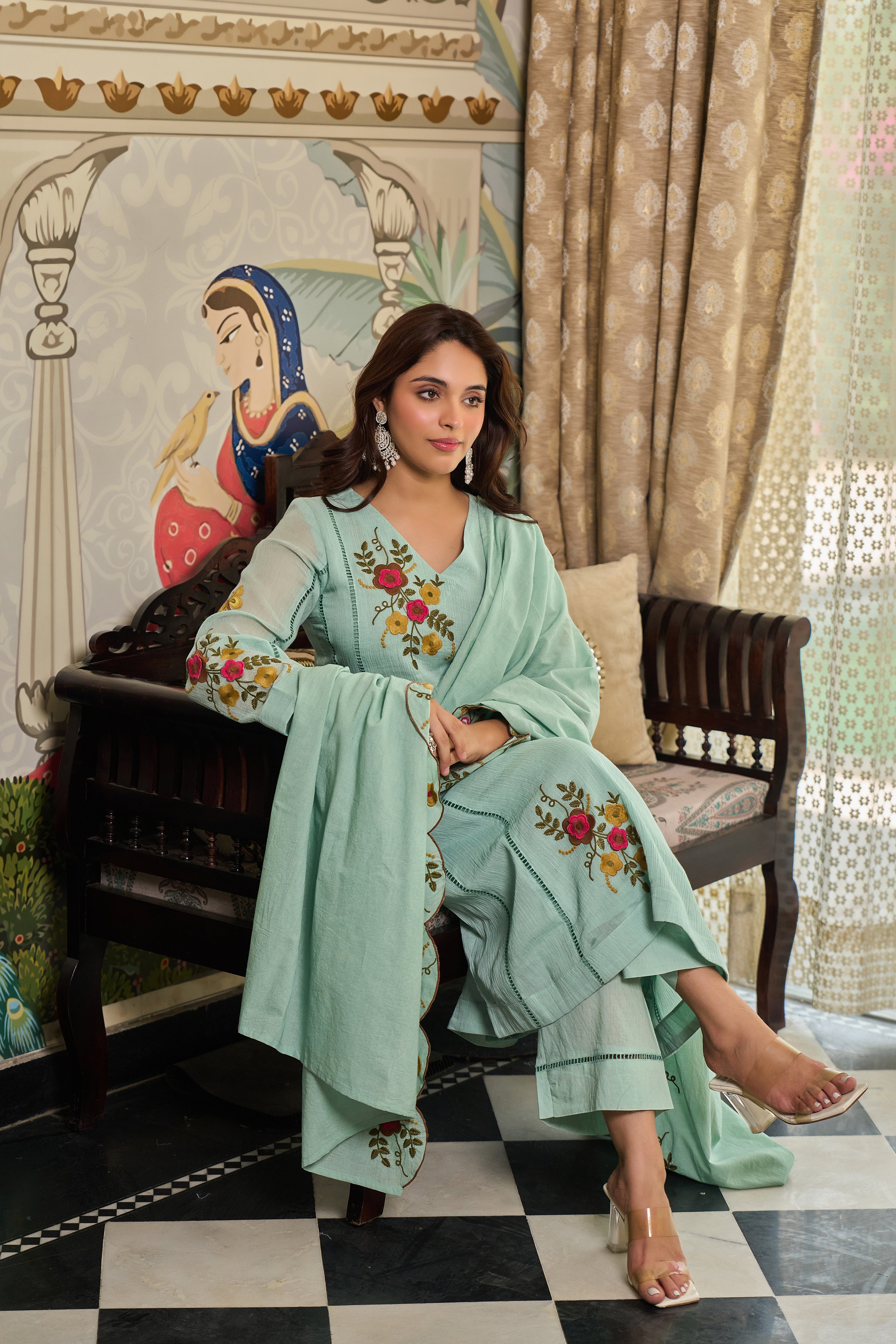 Mint Flora Embroidered Suit Set