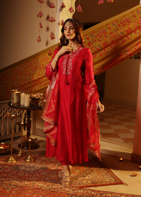 Rosy Flame Silk Suit Set