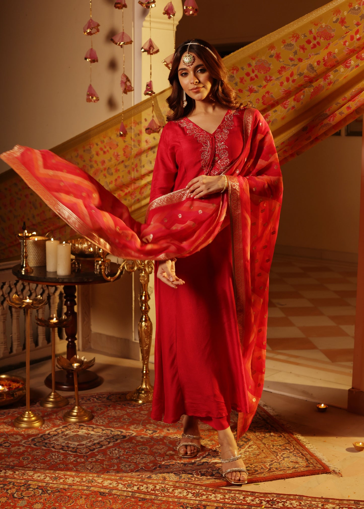 Rosy Flame Silk Suit Set