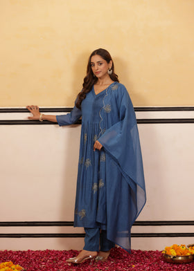 Lush Blue Chanderi Suit Set