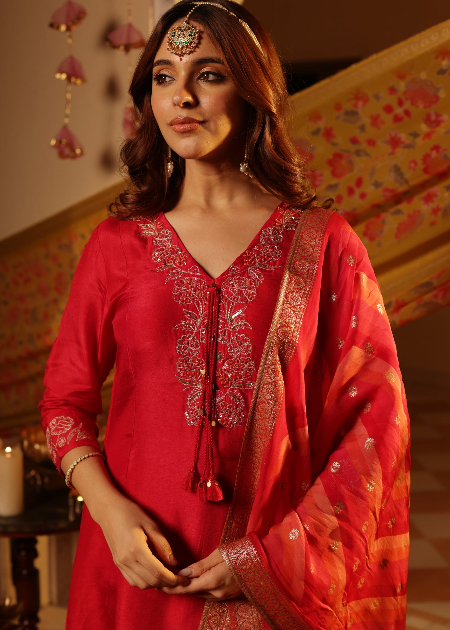 Rosy Flame Silk Suit Set
