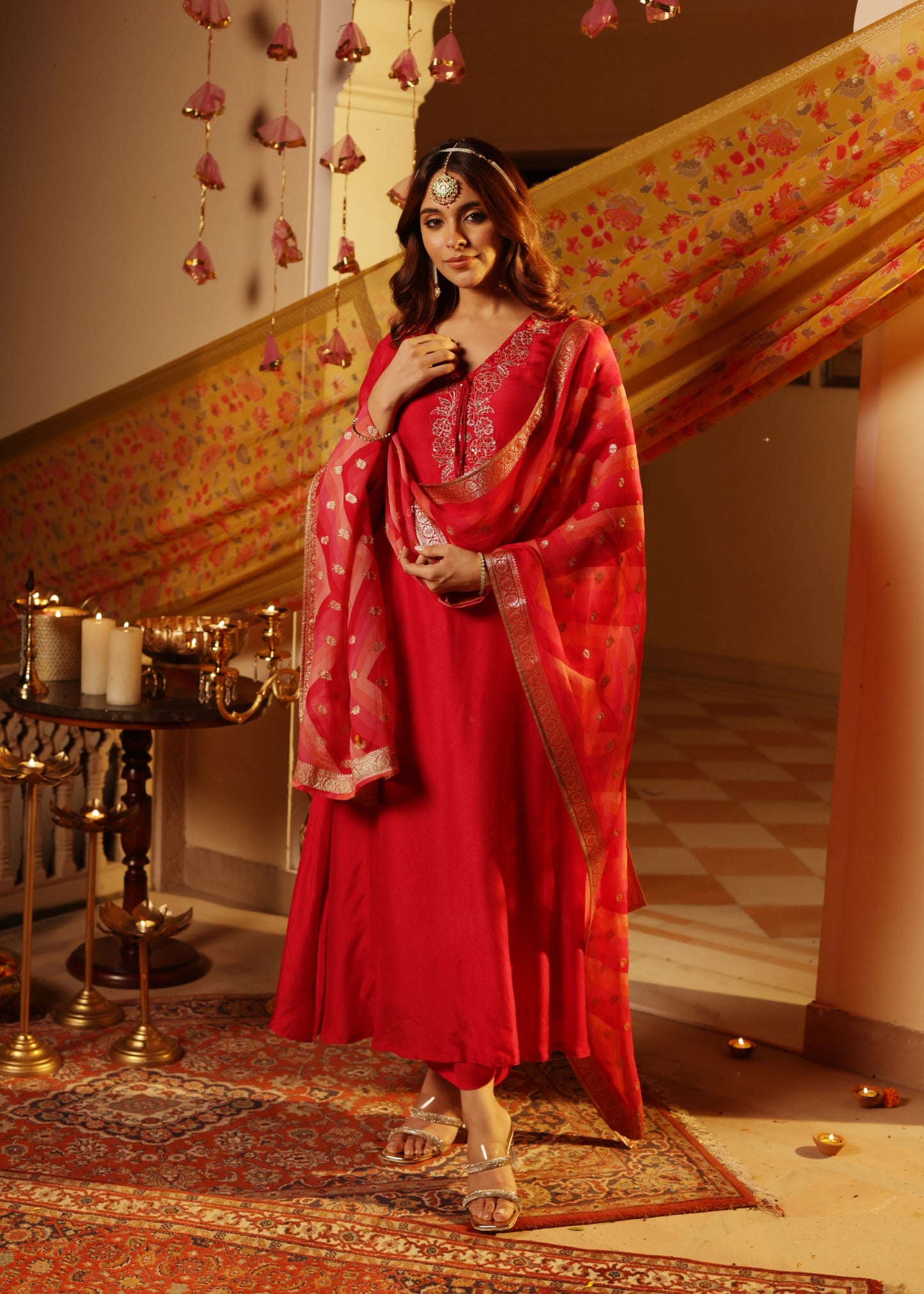 Rosy Flame Silk Suit Set