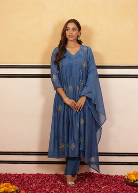 Lush Blue Chanderi Suit Set