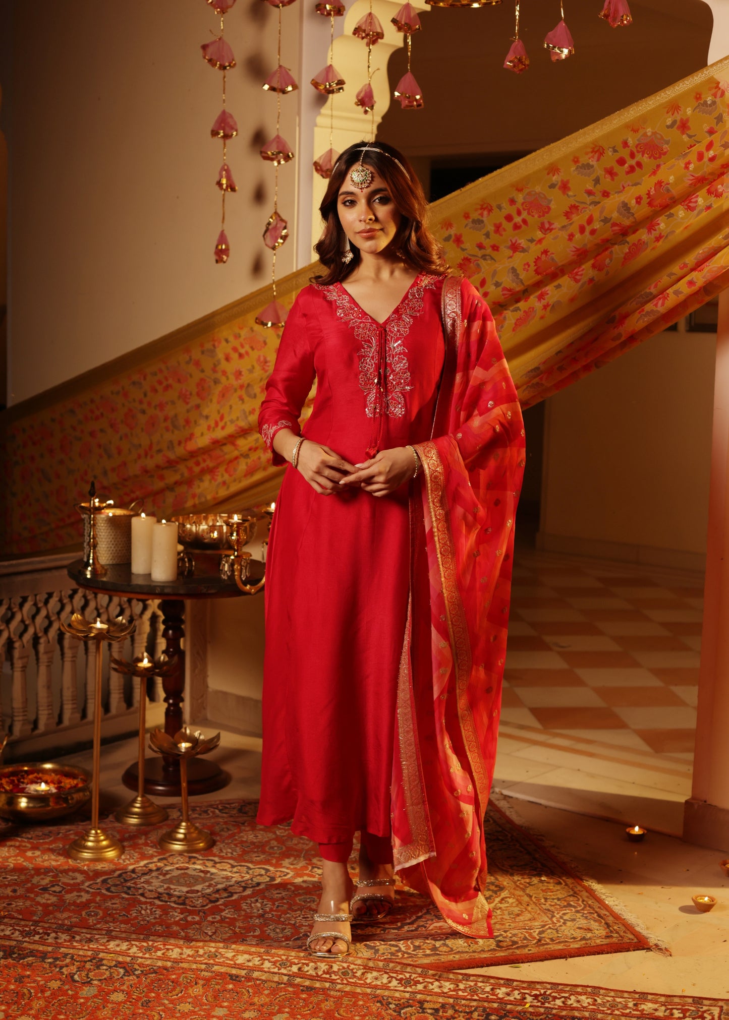 Rosy Flame Silk Suit Set