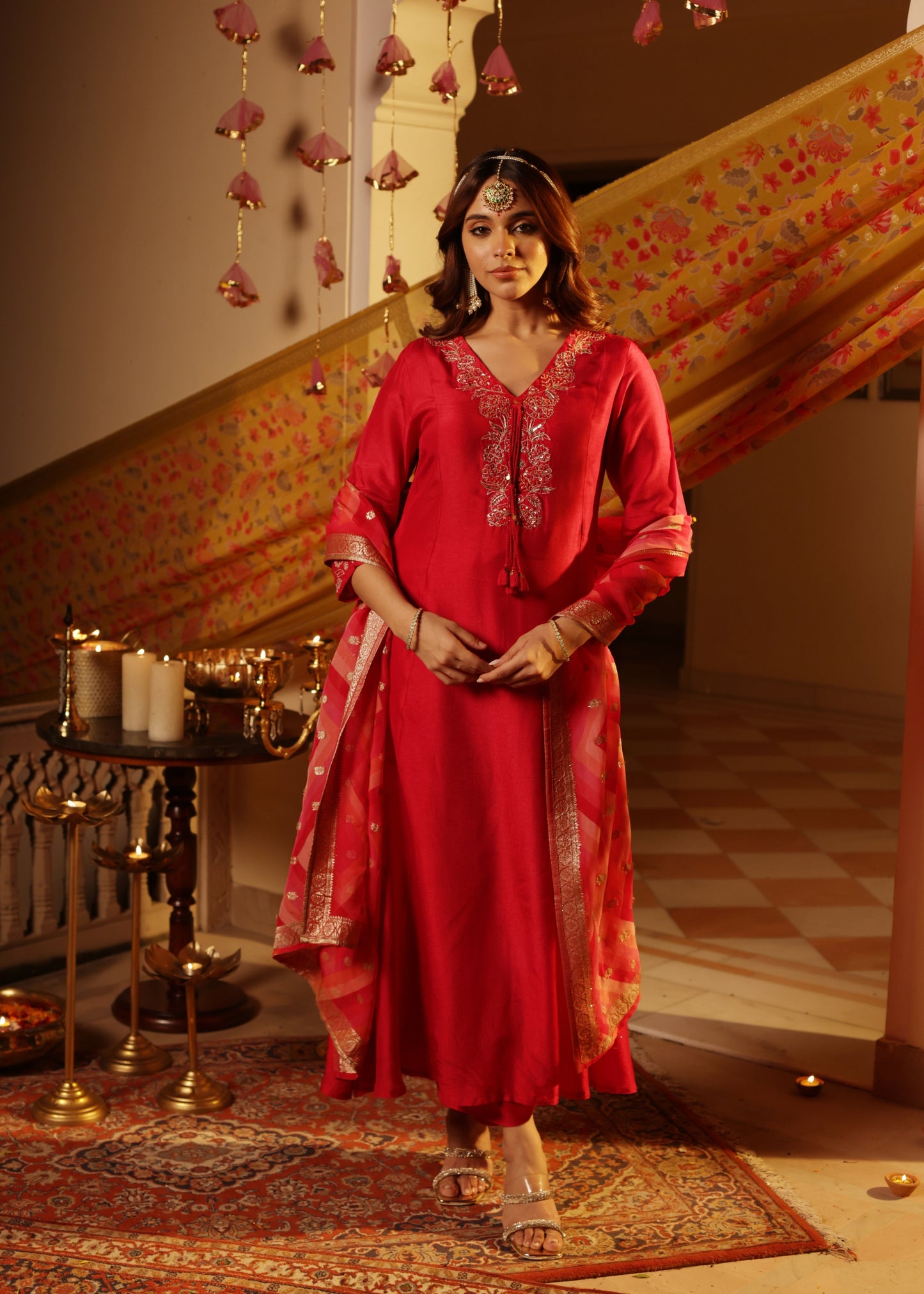 Rosy Flame Silk Suit Set