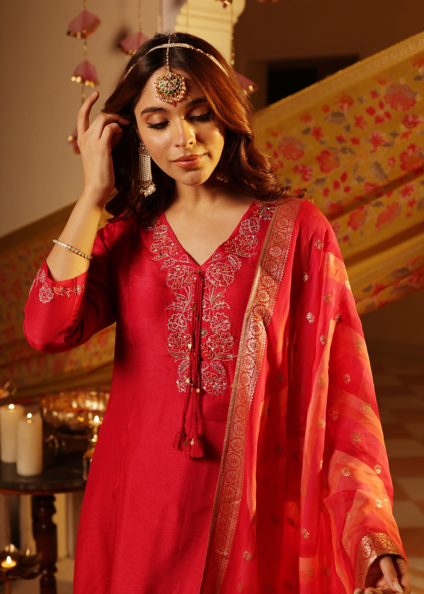 Rosy Flame Silk Suit Set