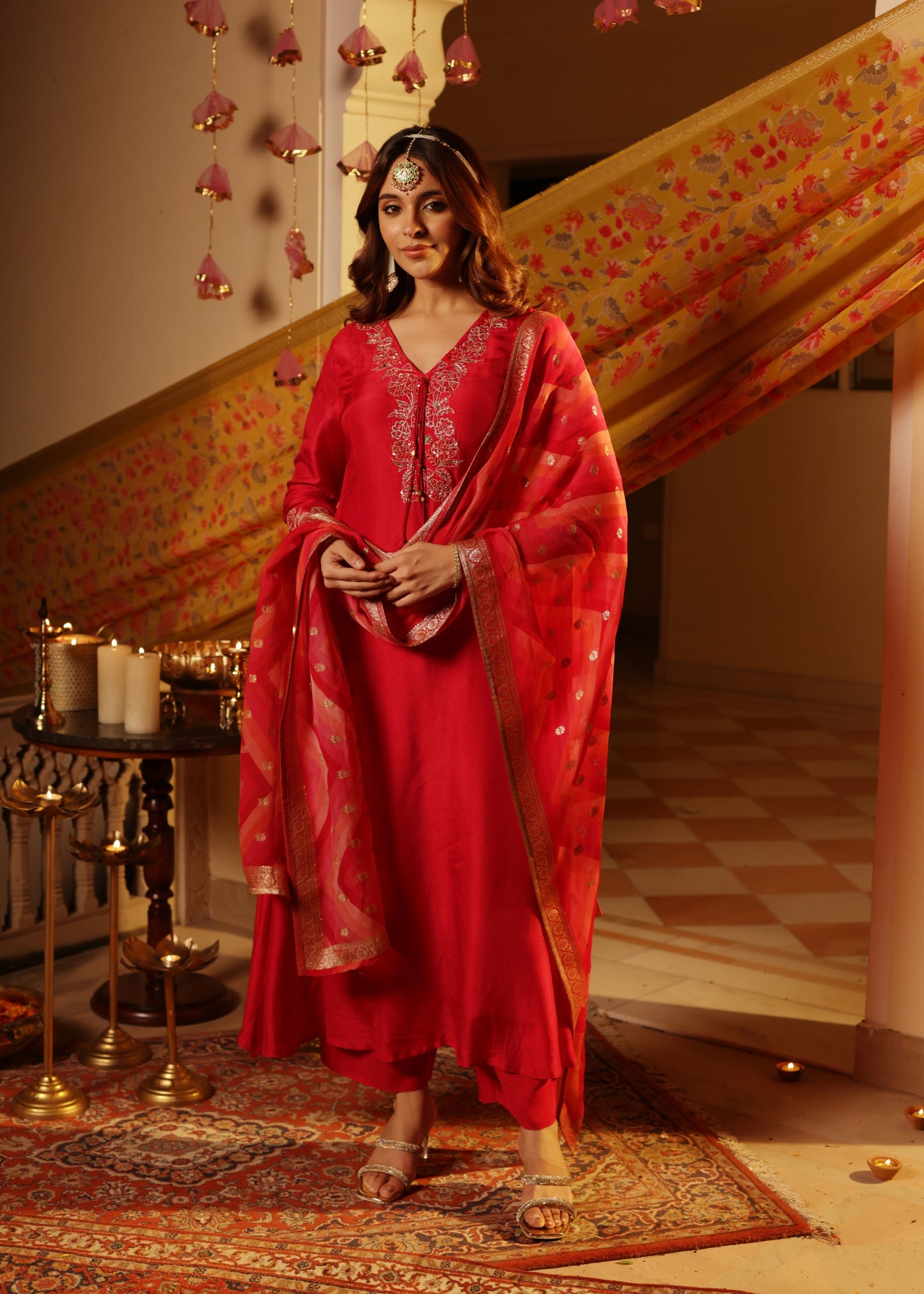 Rosy Flame Silk Suit Set