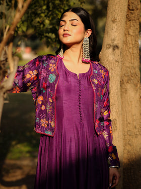 Purple Dola Silk & Printed Jacket Set