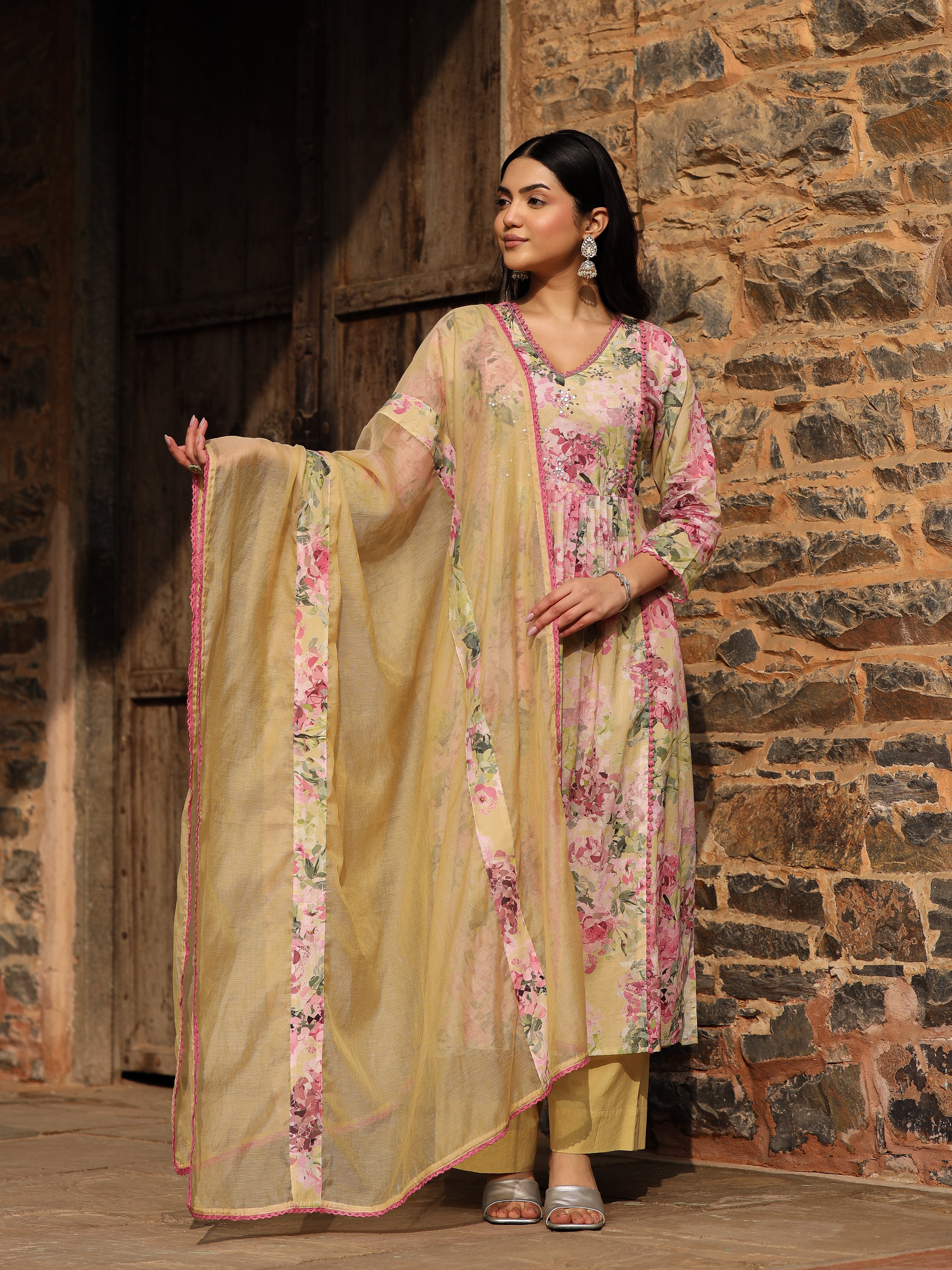Yellow Cotton Anarkali Set