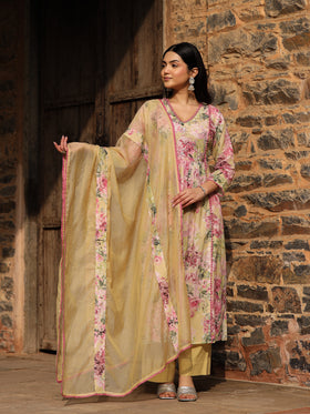 Yellow Cotton Anarkali Set