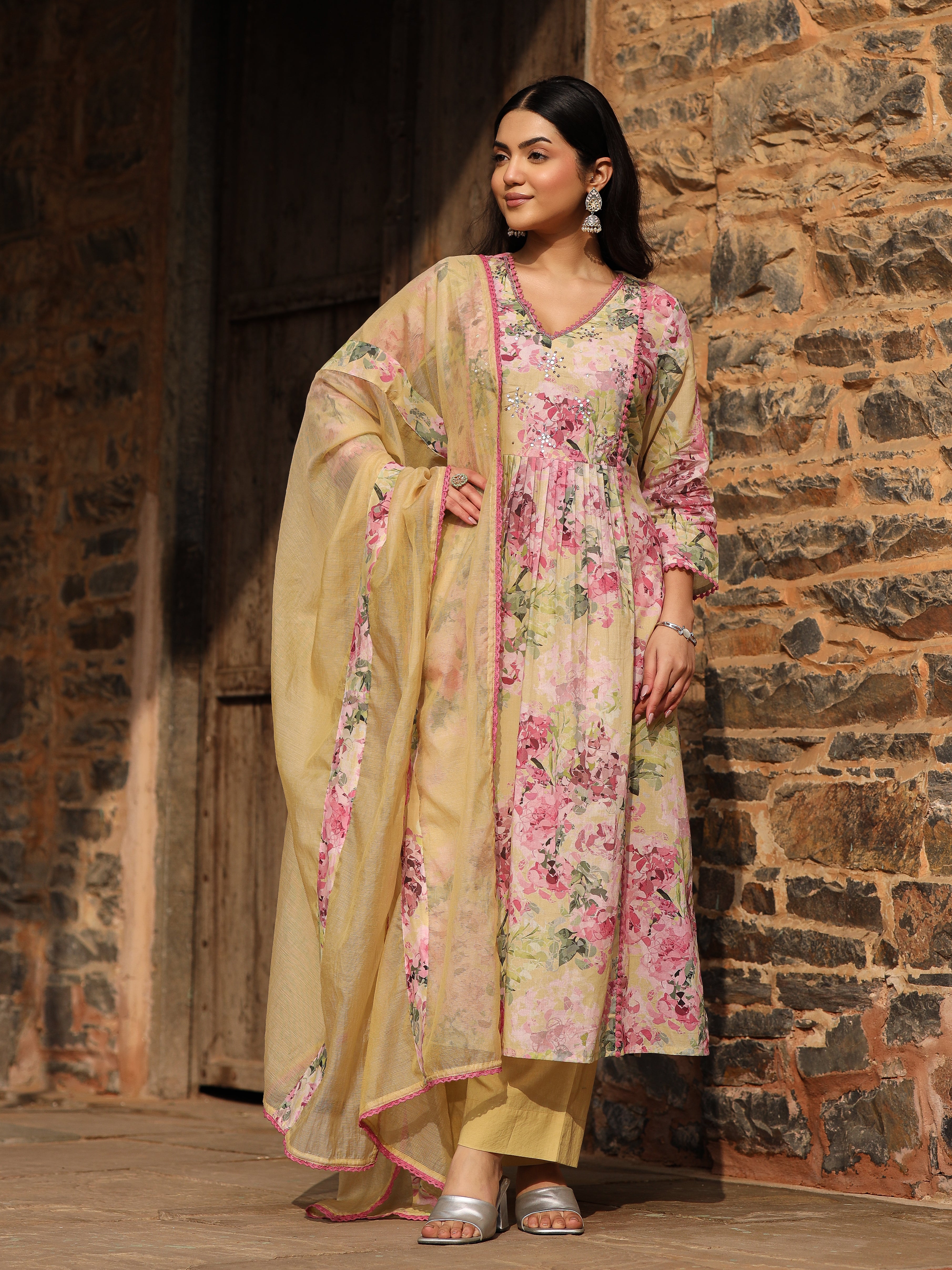 Yellow Cotton Anarkali Set