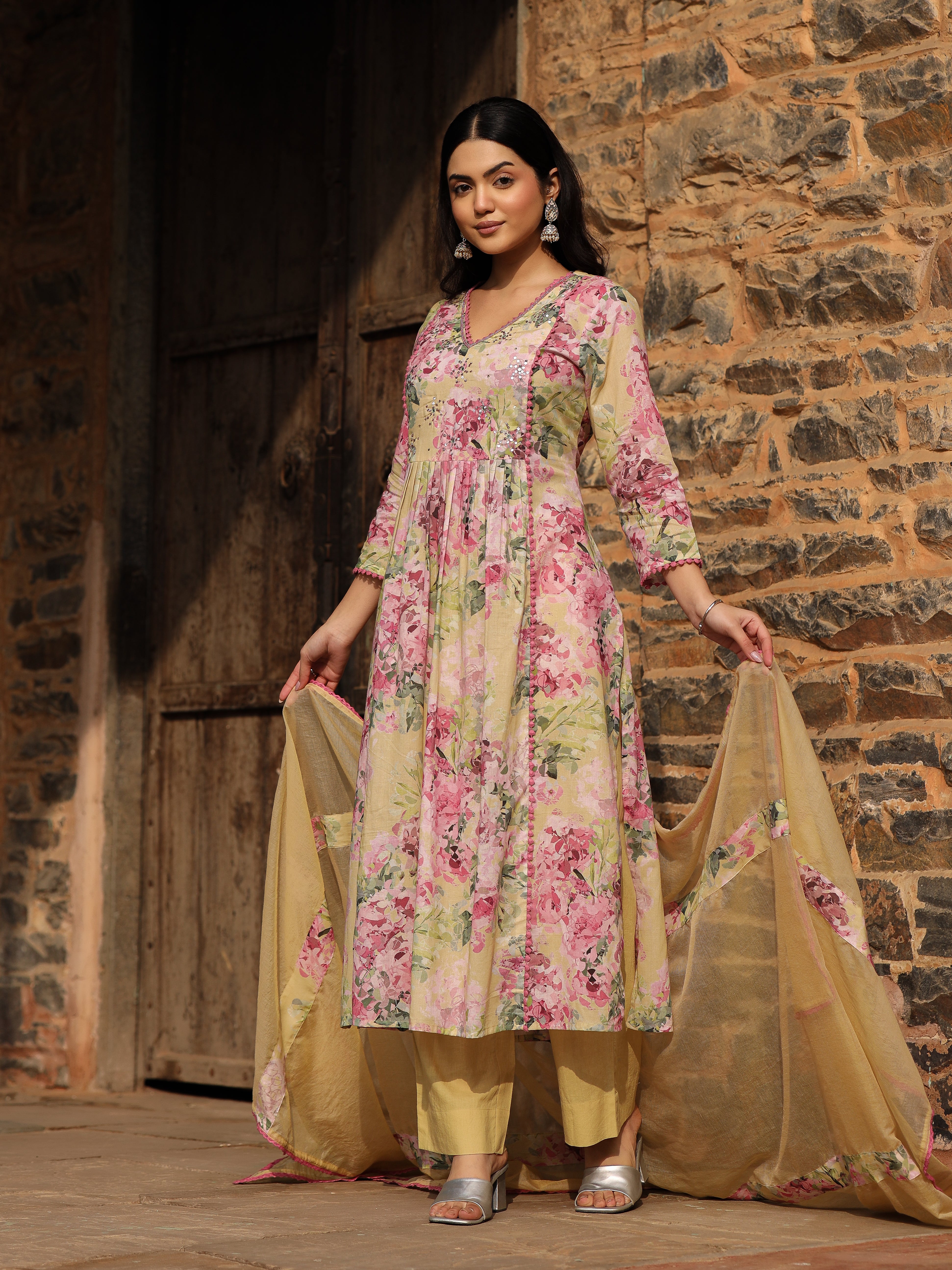 Yellow Cotton Anarkali Set