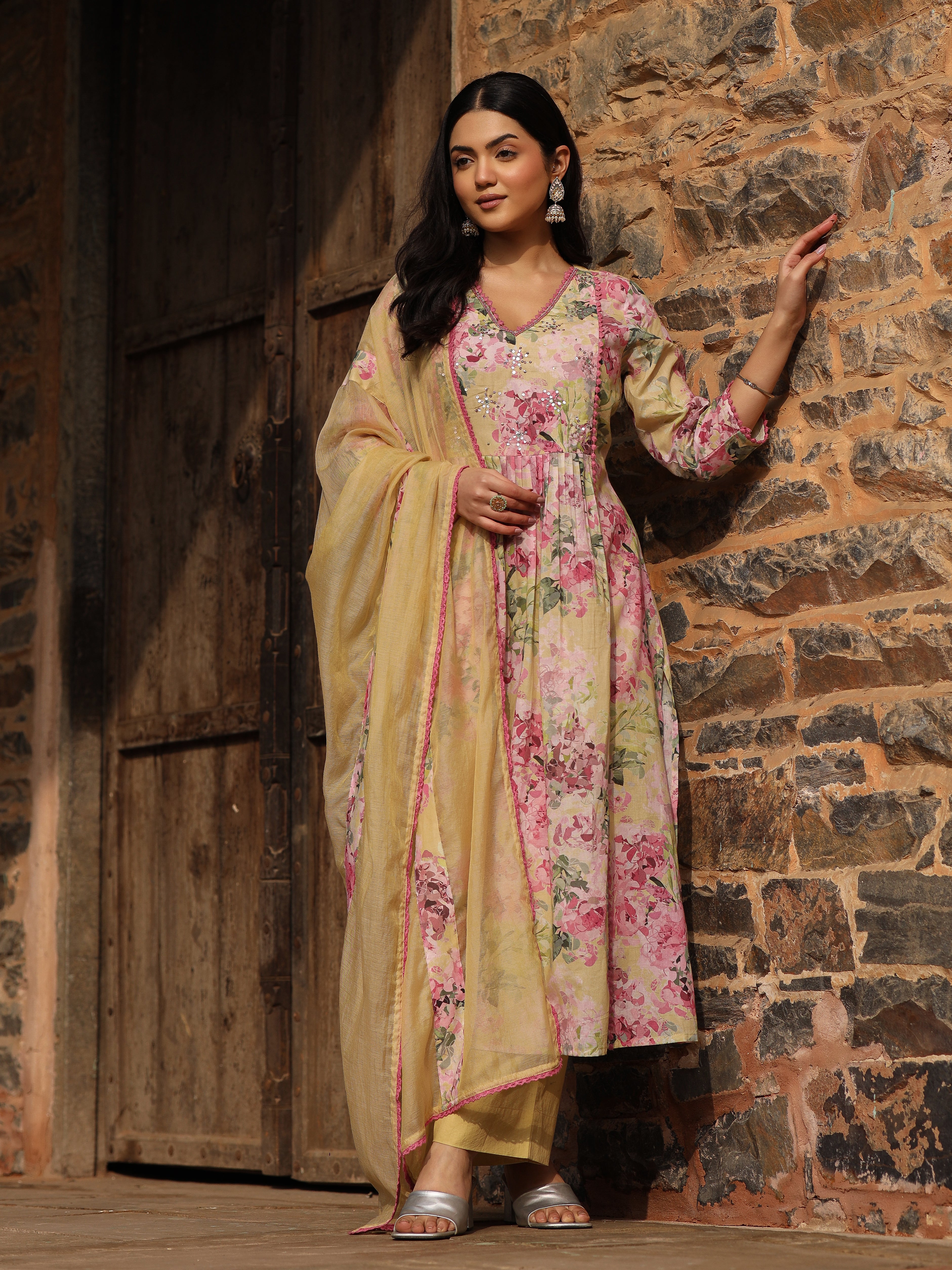 Yellow Cotton Anarkali Set