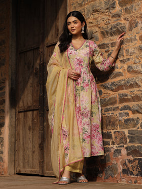 Yellow Cotton Anarkali Set