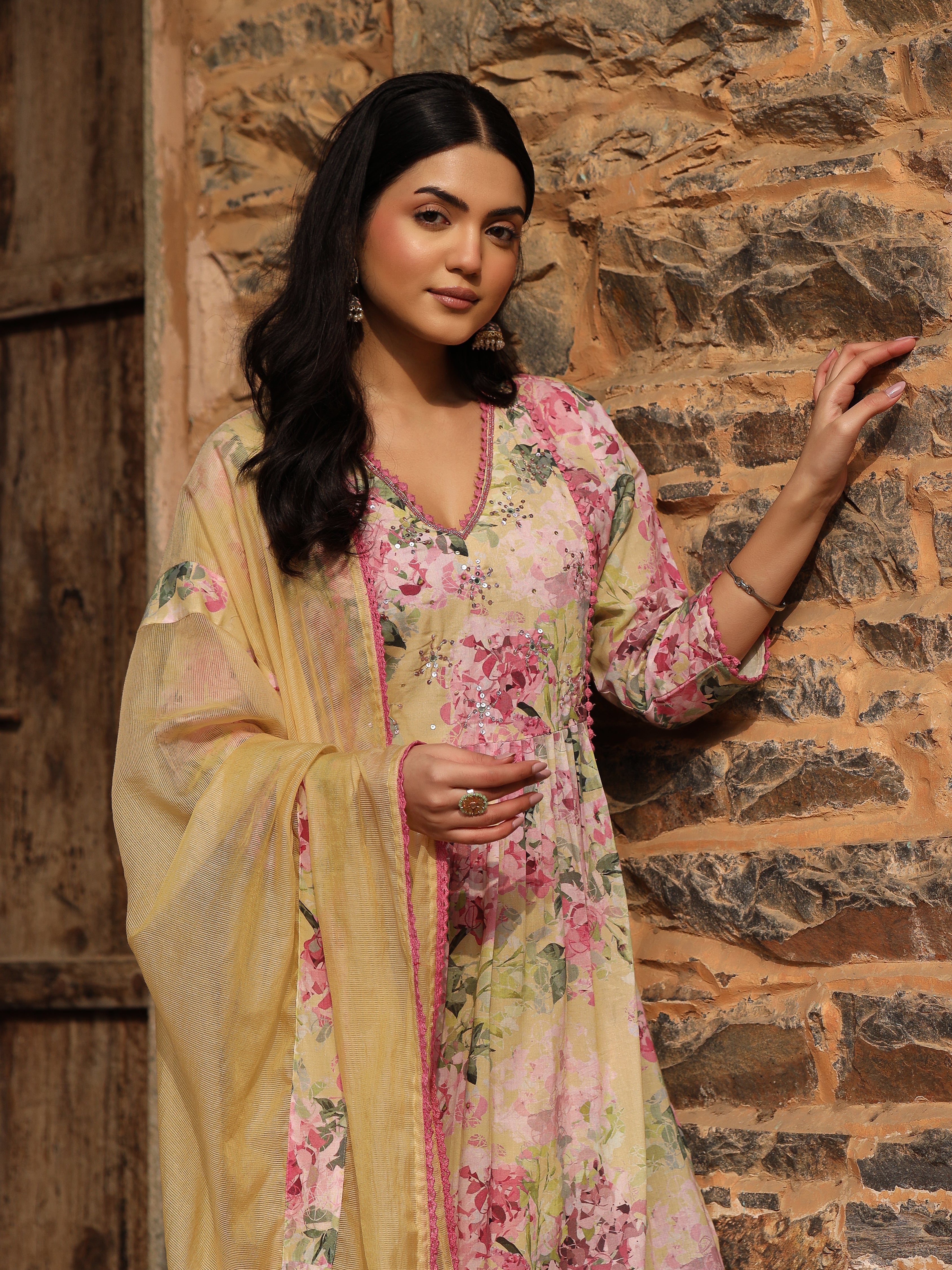 Yellow Cotton Anarkali Set