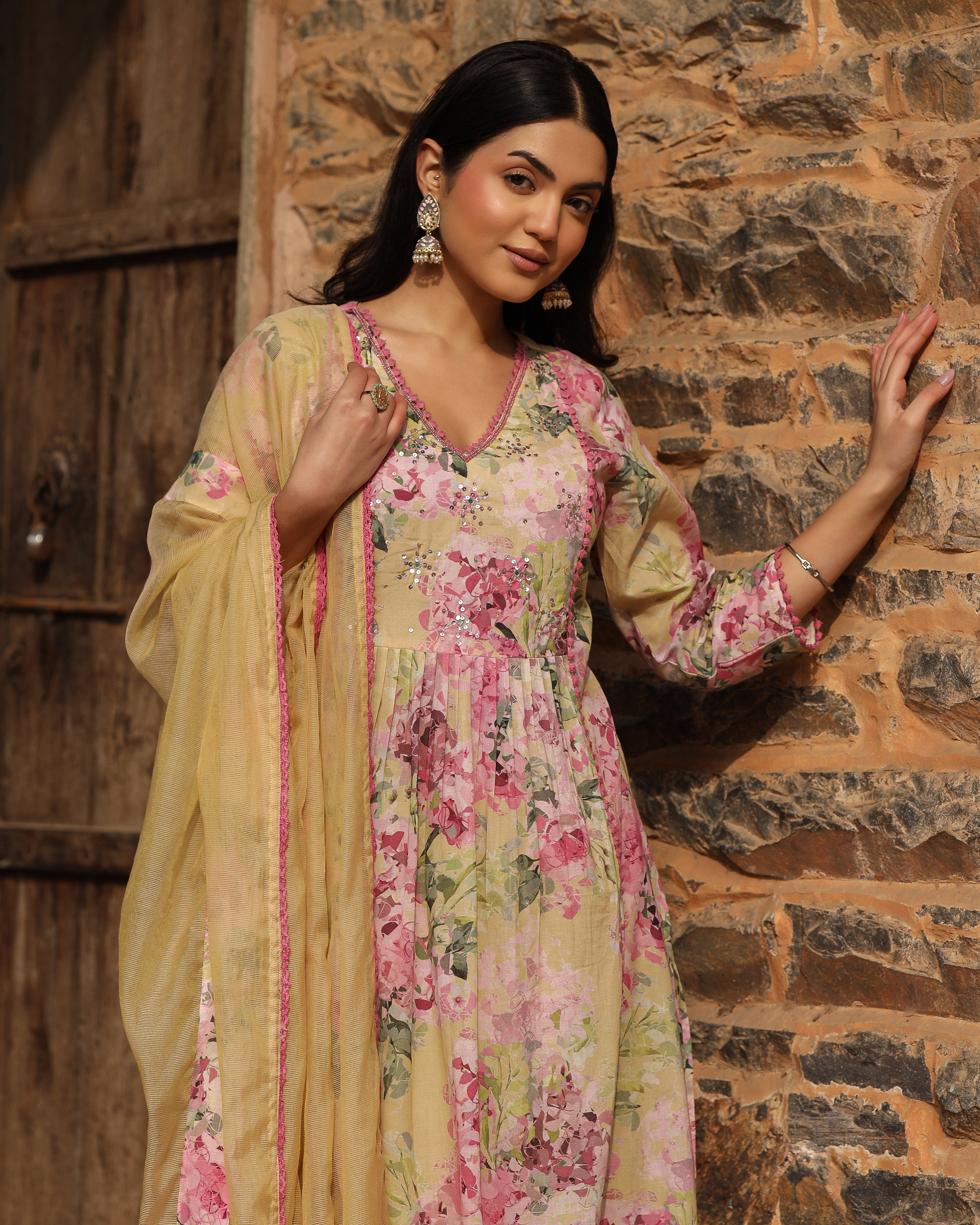 Yellow Cotton Anarkali Set
