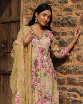 Yellow Cotton Anarkali Set