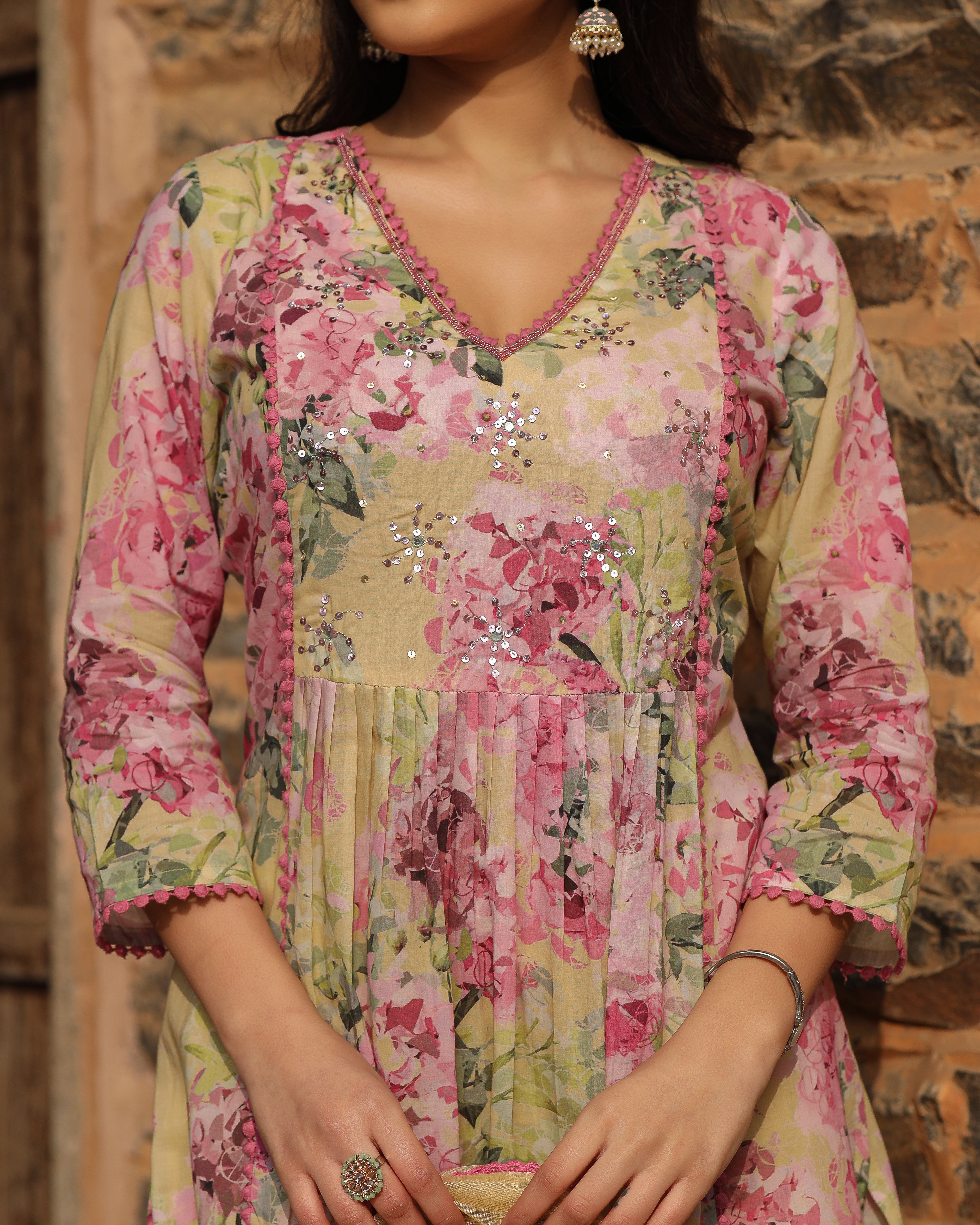 Yellow Cotton Anarkali Set