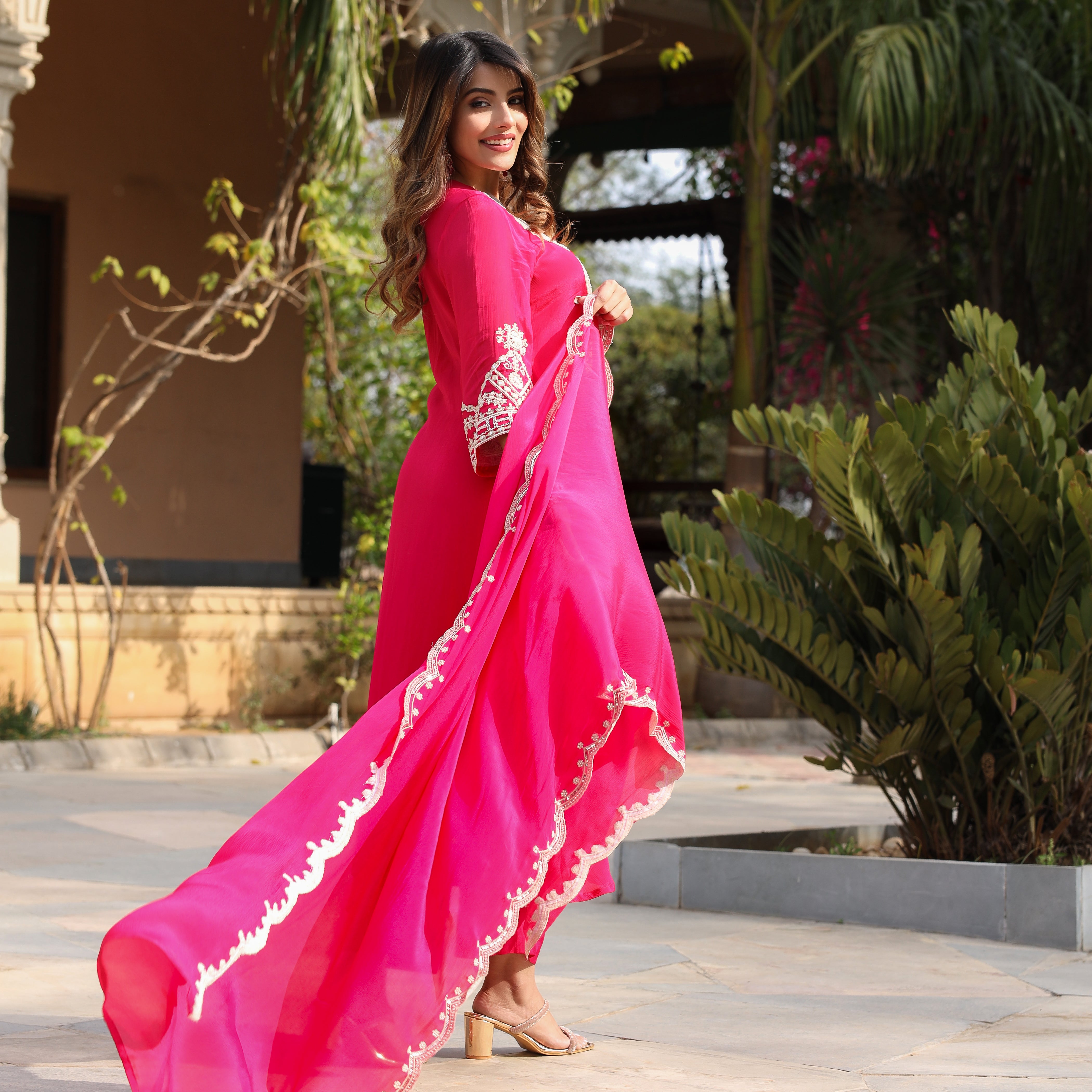 Pink Chinnon Kurta Set