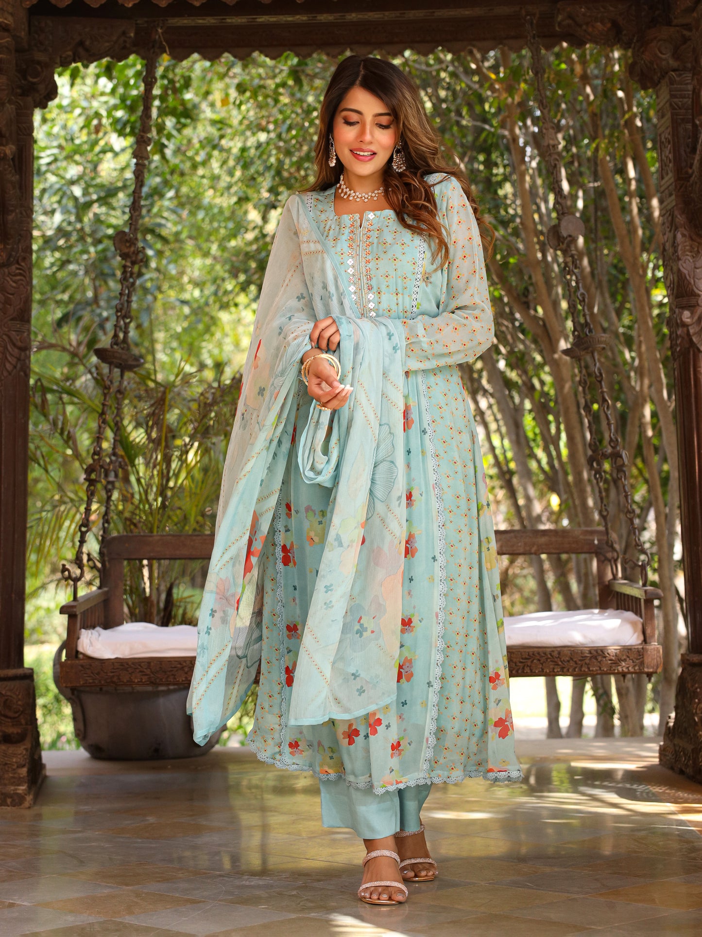 Saxe Blue Anarkali Suit Set