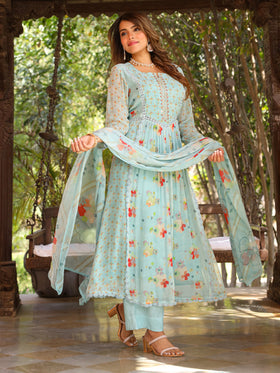 Saxe Blue Anarkali Suit Set