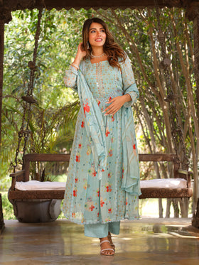 Saxe Blue Anarkali Suit Set