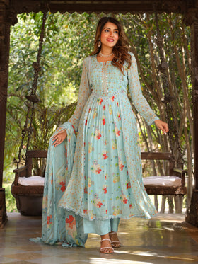 Saxe Blue Anarkali Suit Set