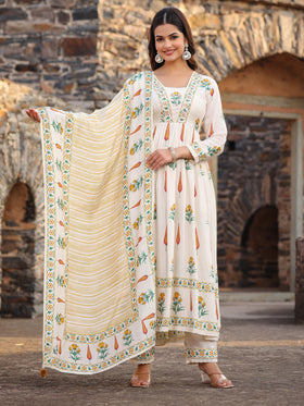 Beige Yellow Muslin Anarkali Set
