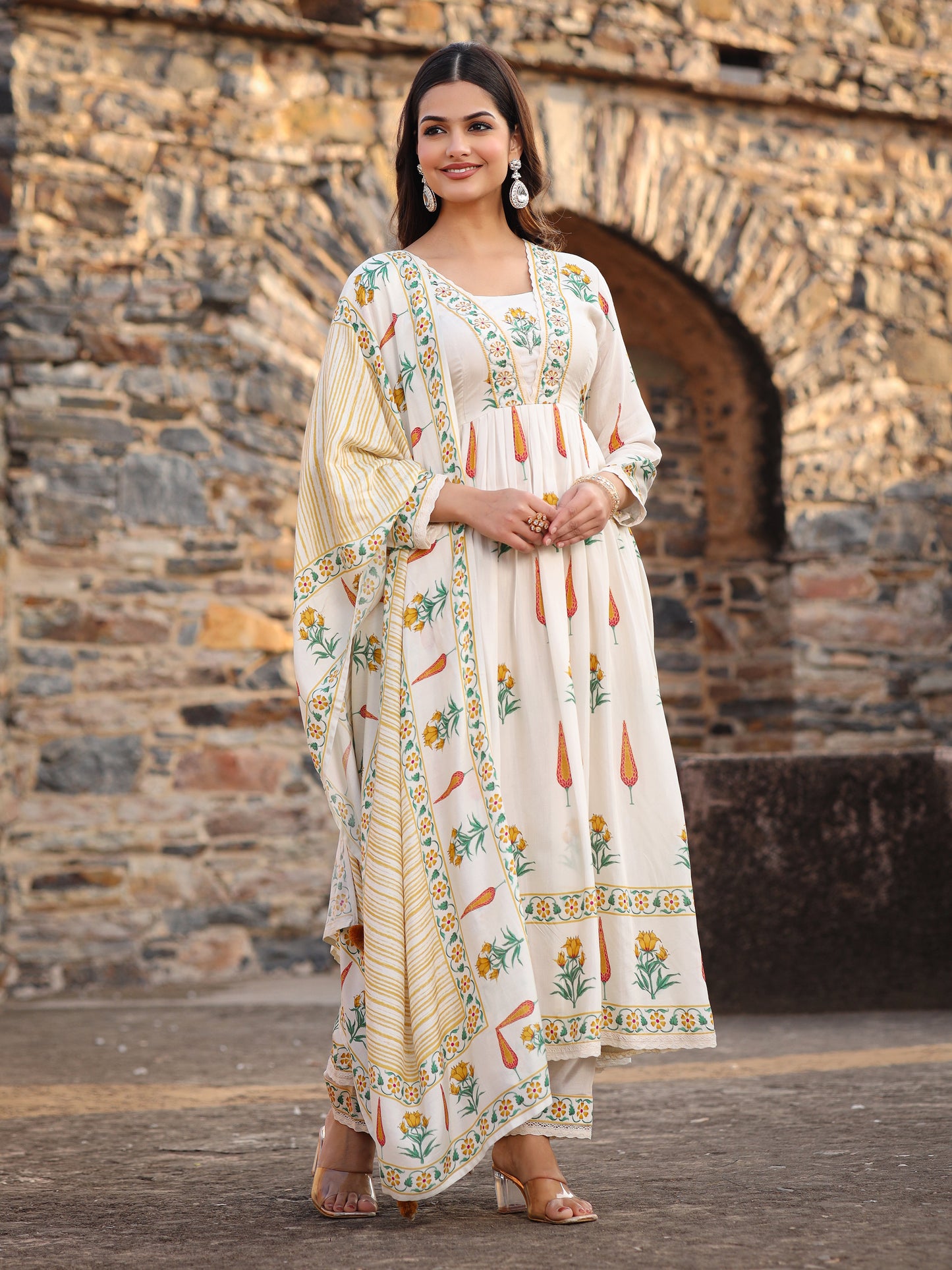 Beige Yellow Muslin Anarkali Set