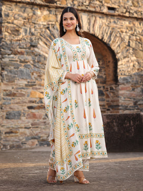 Beige Yellow Muslin Anarkali Set