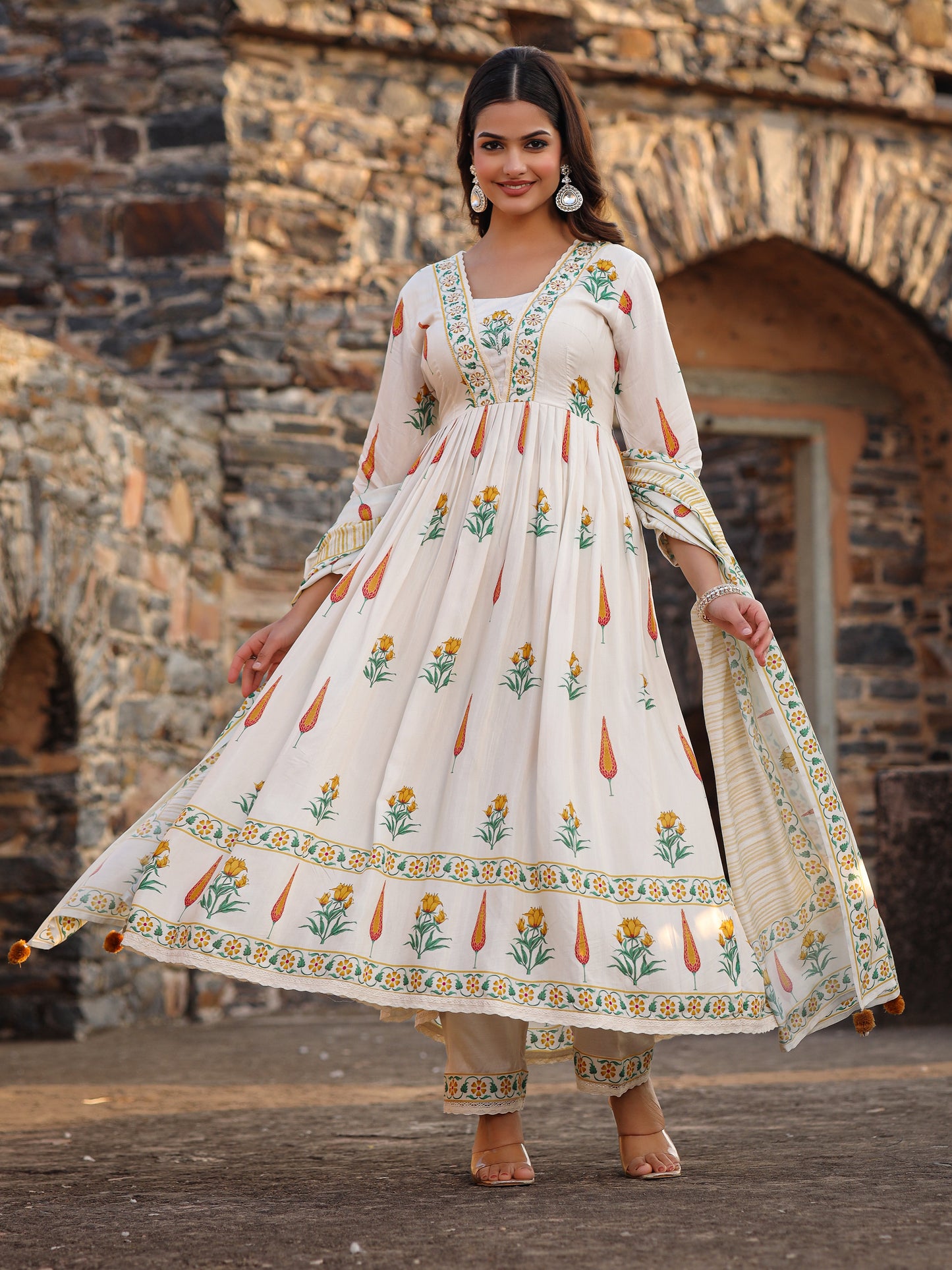Beige Yellow Muslin Anarkali Set