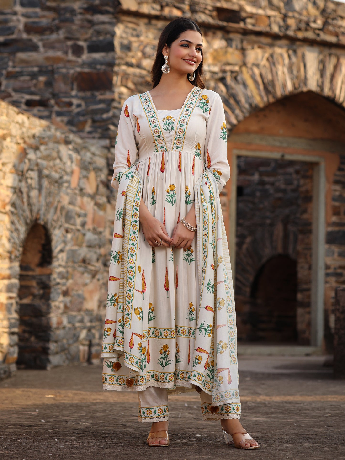Beige Yellow Muslin Anarkali Set