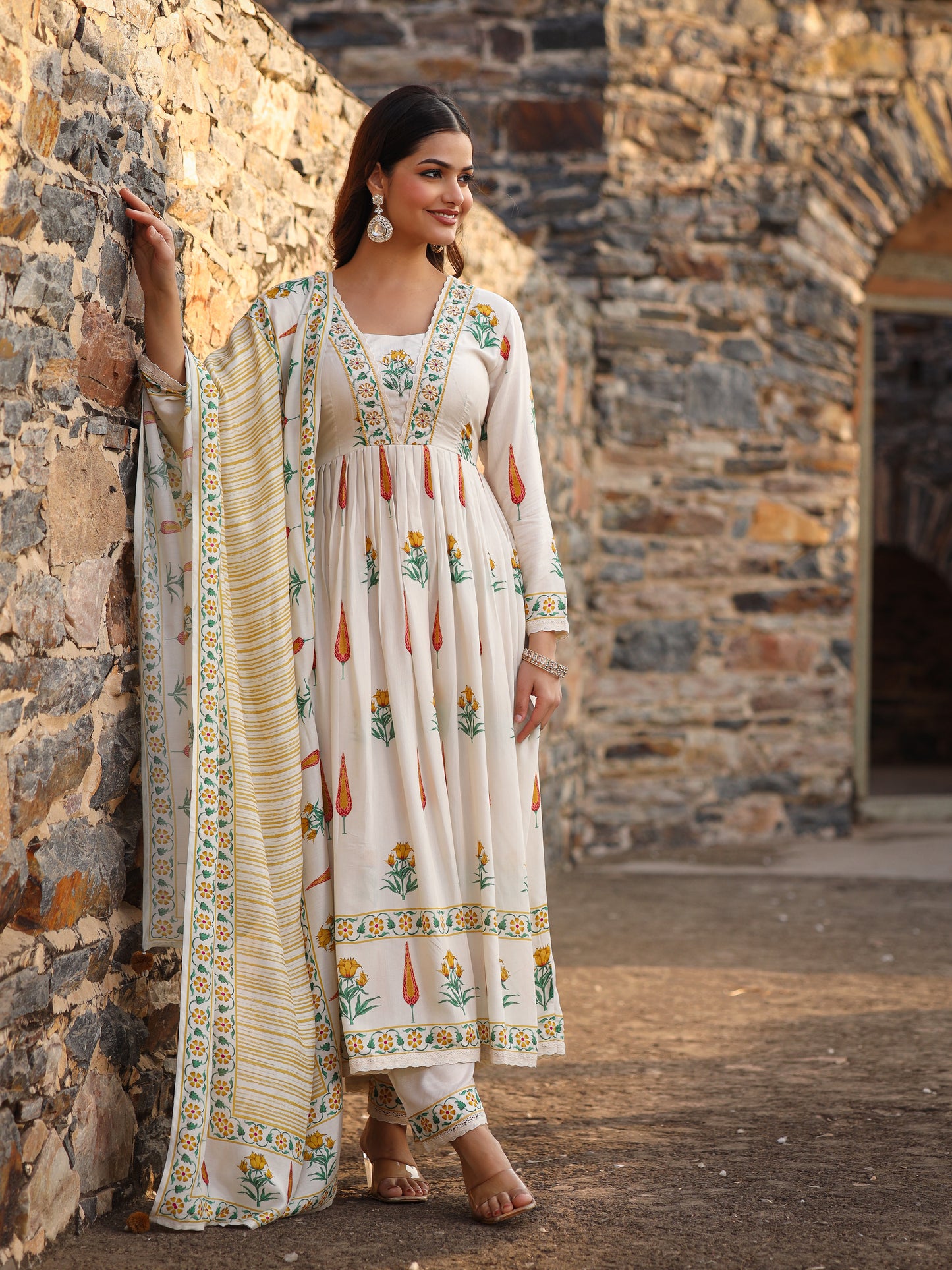 Beige Yellow Muslin Anarkali Set