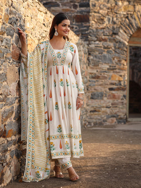 Beige Yellow Muslin Anarkali Set
