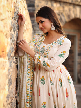 Beige Yellow Muslin Anarkali Set