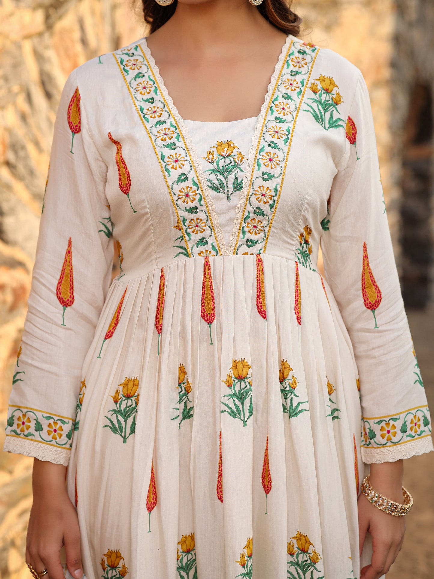 Beige Yellow Muslin Anarkali Set