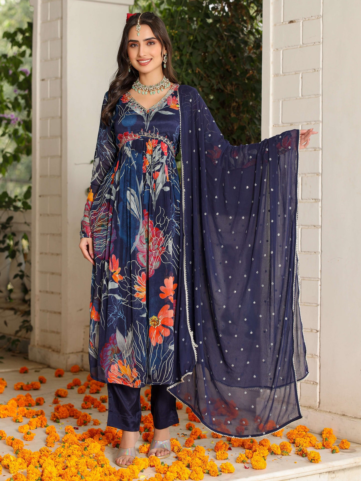 Blue Printed Floral Suit Set