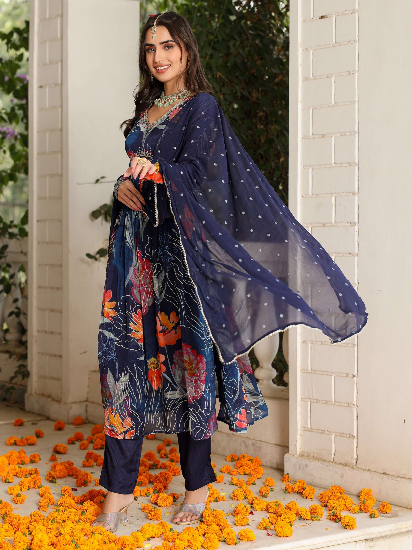 Blue Printed Floral Suit Set