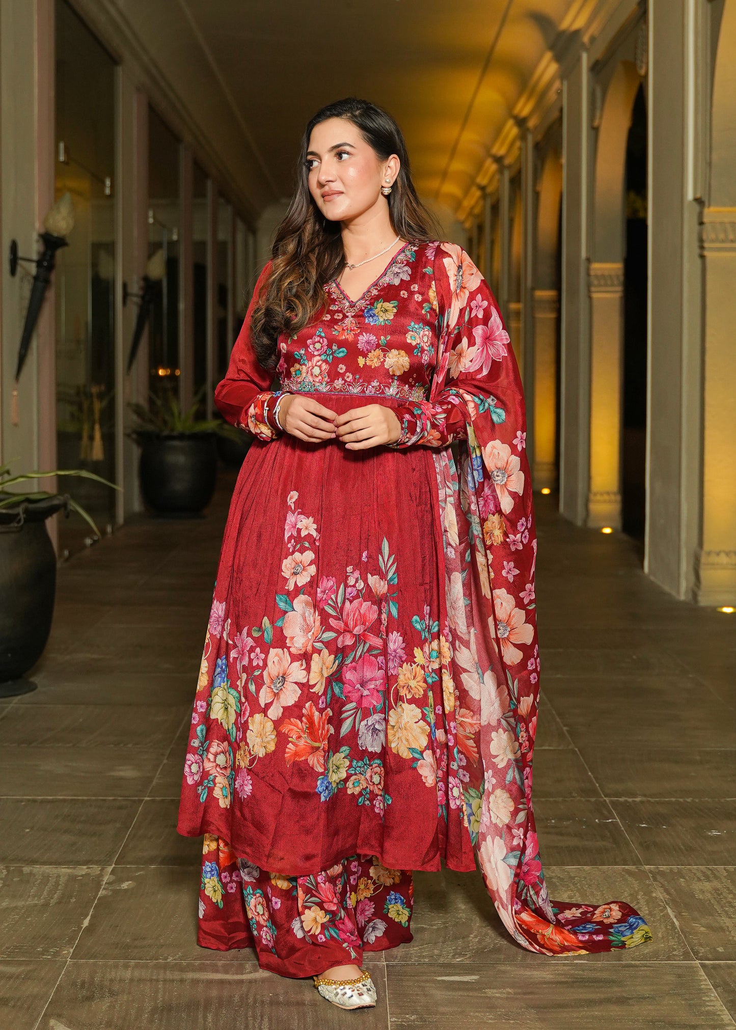 Maroon printed suit set