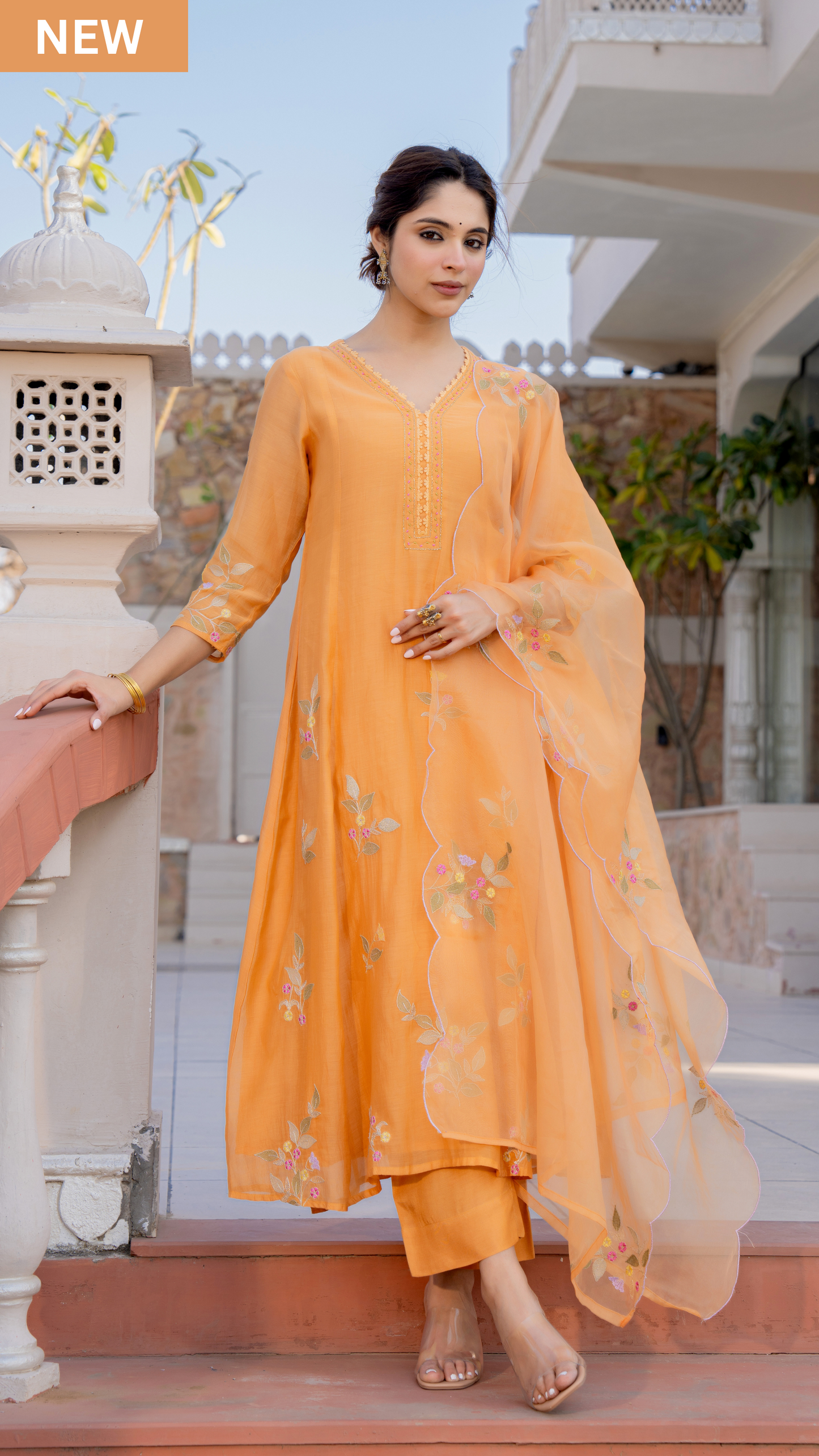 Coral Flame Mul Chanderi Suit Set