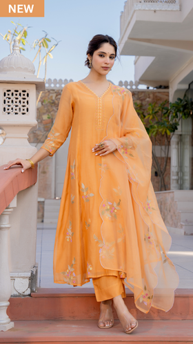 Coral Flame Mul Chanderi Suit Set