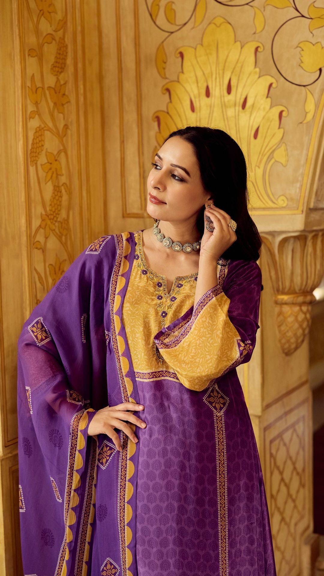 Royal Orchid Mustard Crepe Suit Set